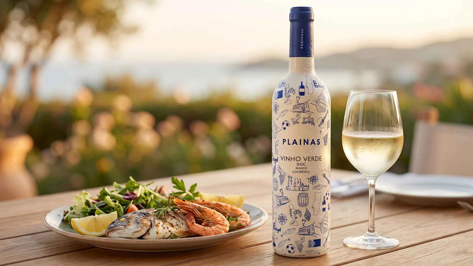 Plainas Loureiro Vinho Verde gekuehlt im Glas zu Fisch und Meeresfruechten
