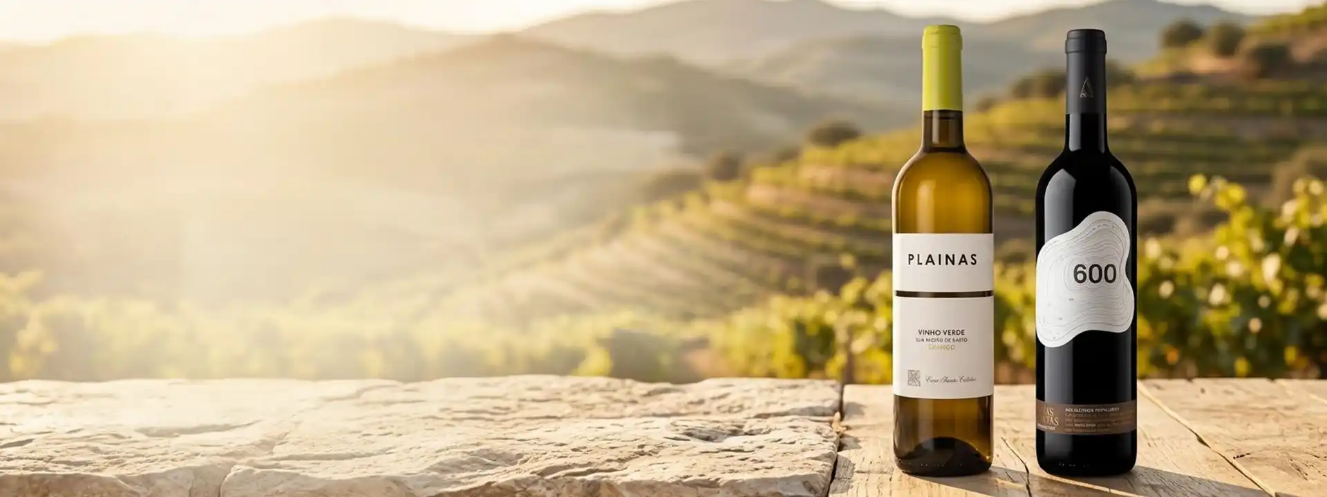 Portugiesische Weißwein- und Rotweinflaschen vor Weinbergen