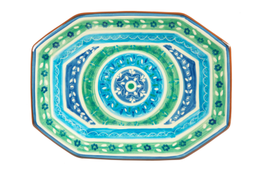Platte Oitavada  L9 aus Keramik handbemalt  Grün und Blau